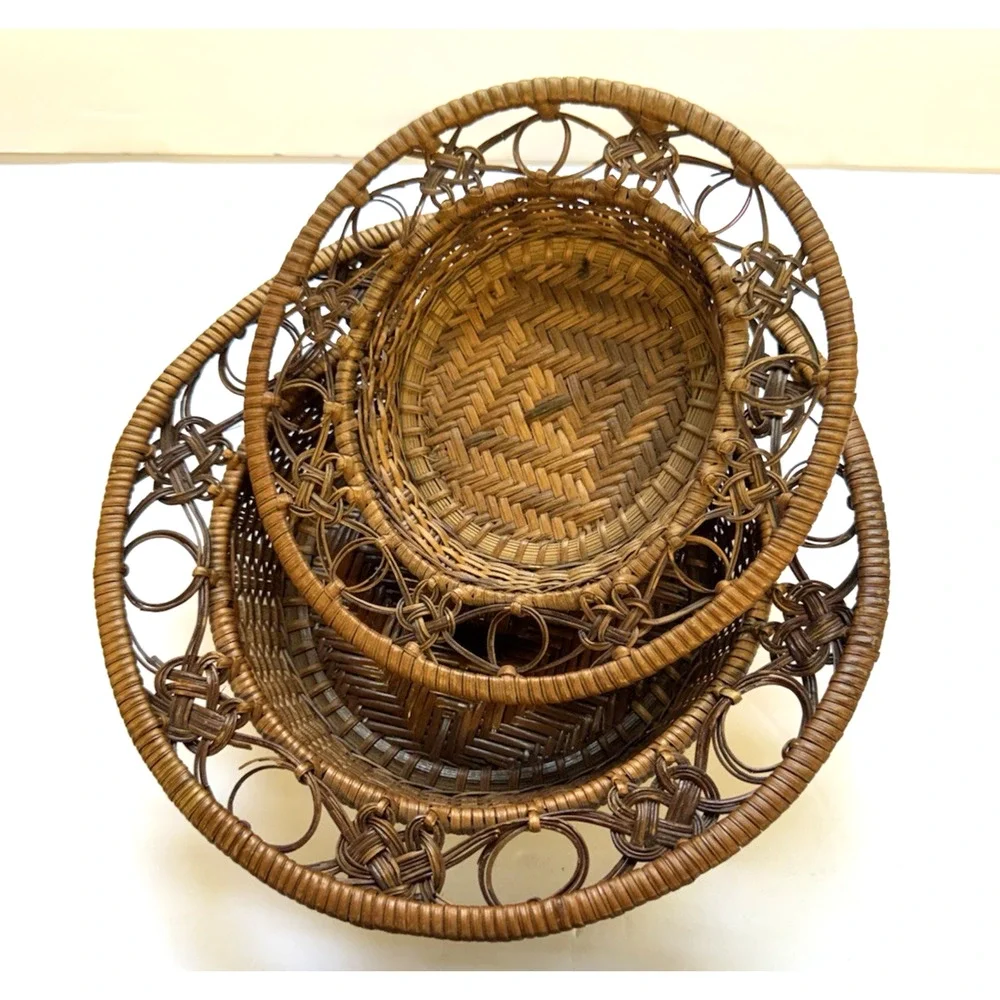 Vintage Boho Rattan Set of 2 Woven Basket Geometric Pattern Storage Entryway